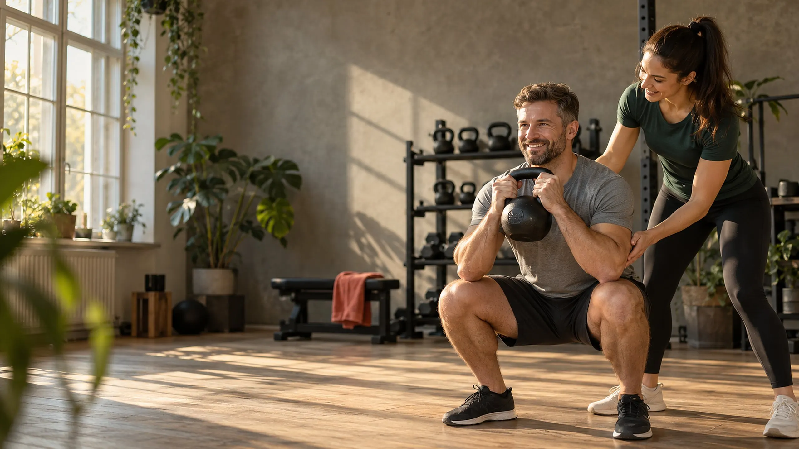 Trenerka Ola poprawia klientowi łokieć w przysiadzie z odważnikiem kettlebell, jasne studio z dużymi oknami